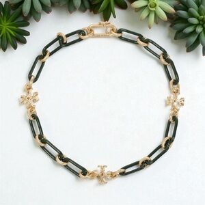 Tory Burch Roxanne Double-T Station Necklace - Rolled Tory Gold/Green NWT/pouch